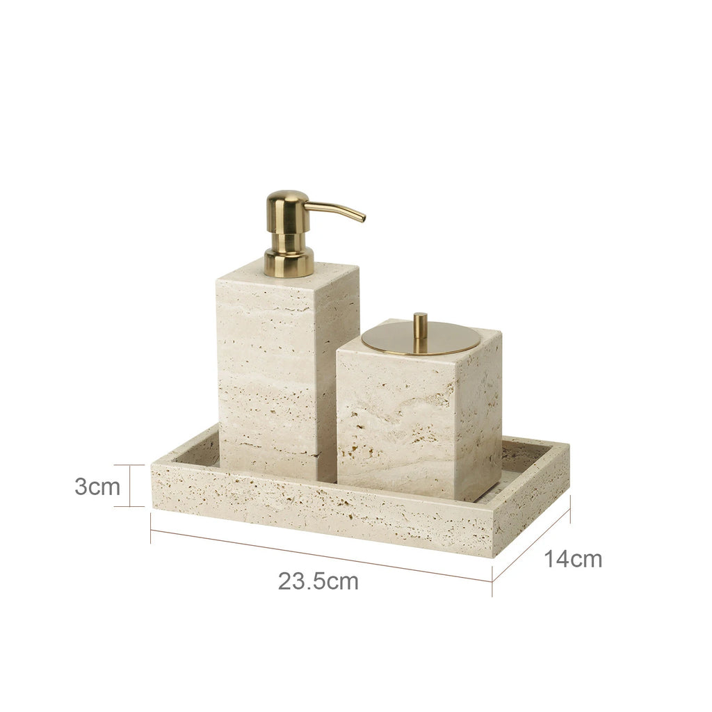 Travertine Bathroom Accessory Set — Soap, Tray & Tissue Box