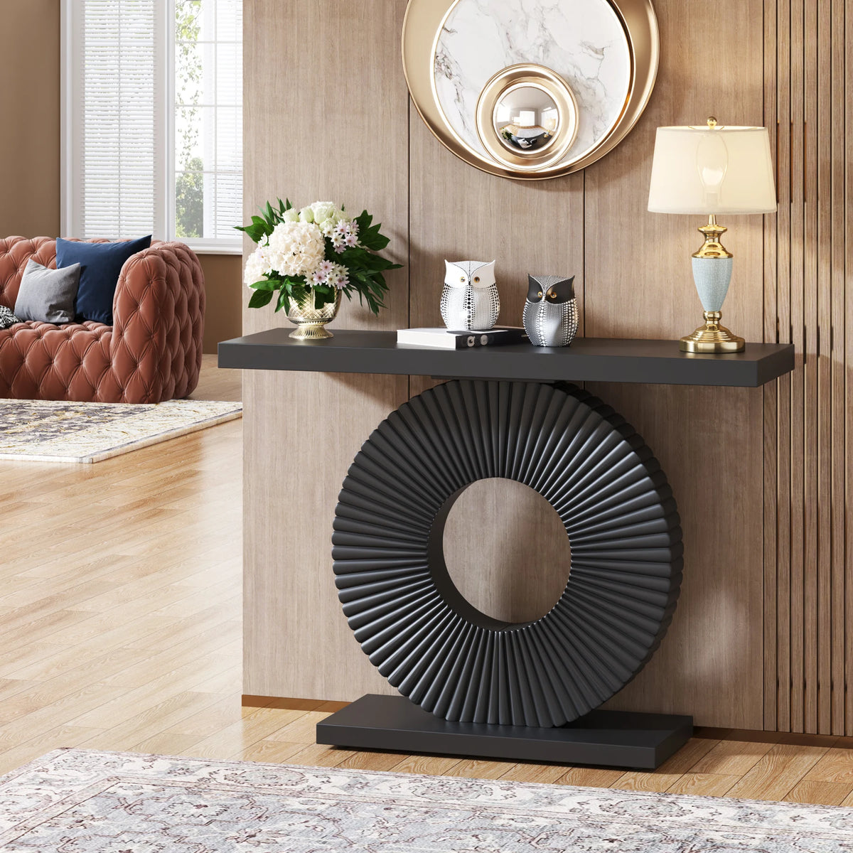 Wood console table with geometric base — close-up design detail