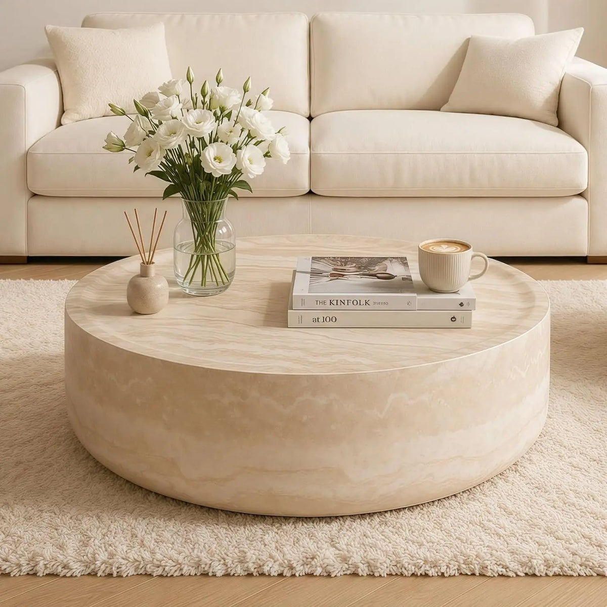 35.43" Square Faux Marble Travertine Coffee Table