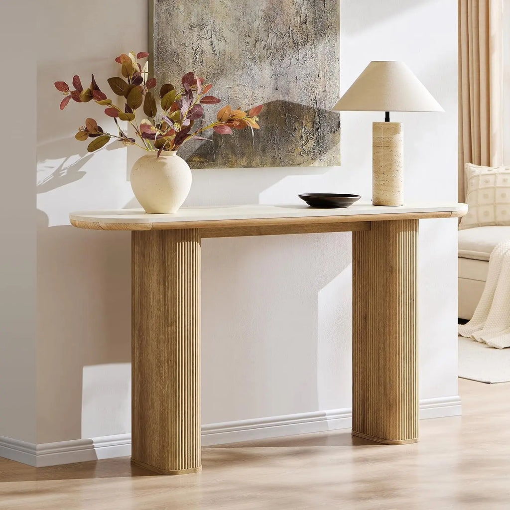 Fluted narrow console table for entryway in wood finish