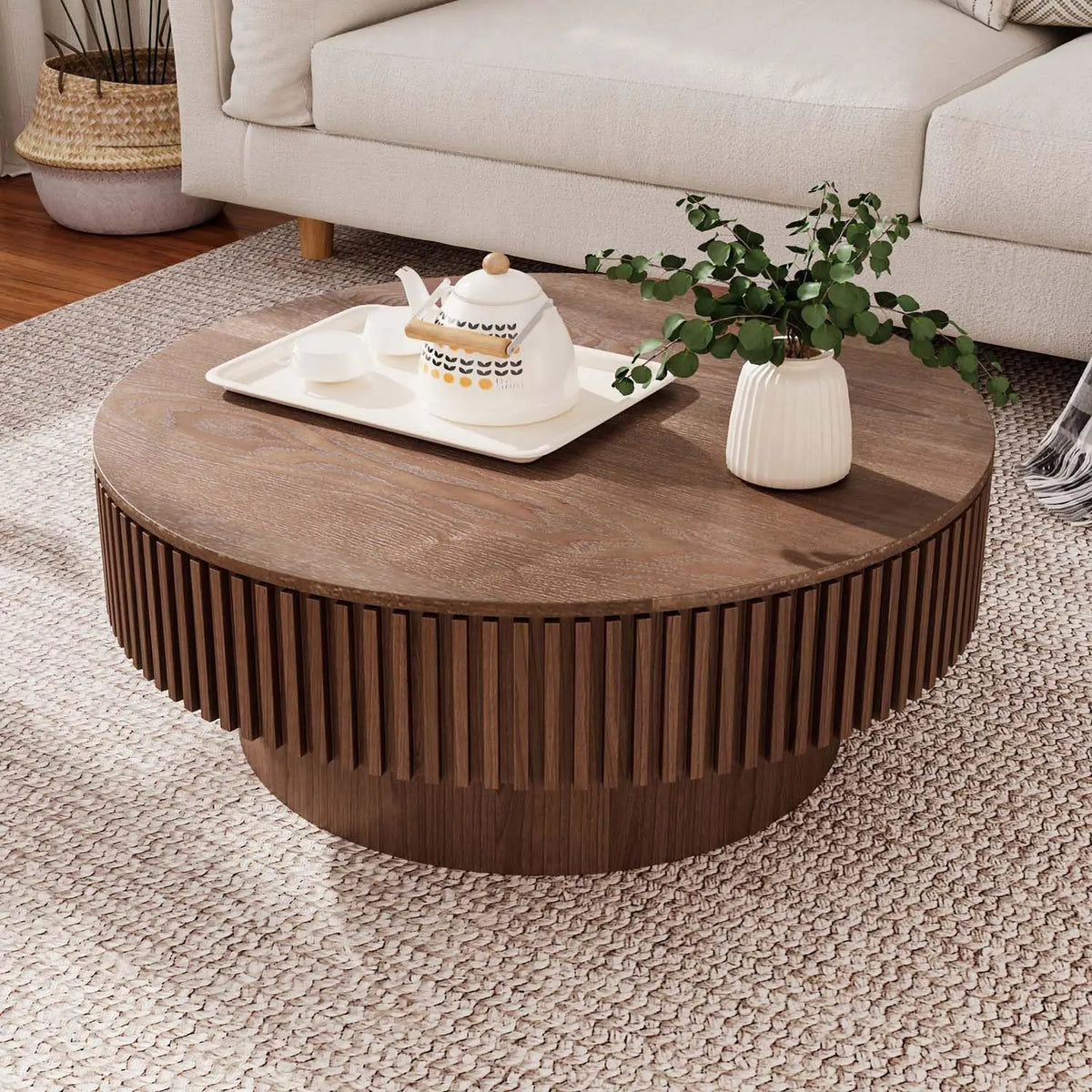Round Storage Coffee Table - Modern Walnut