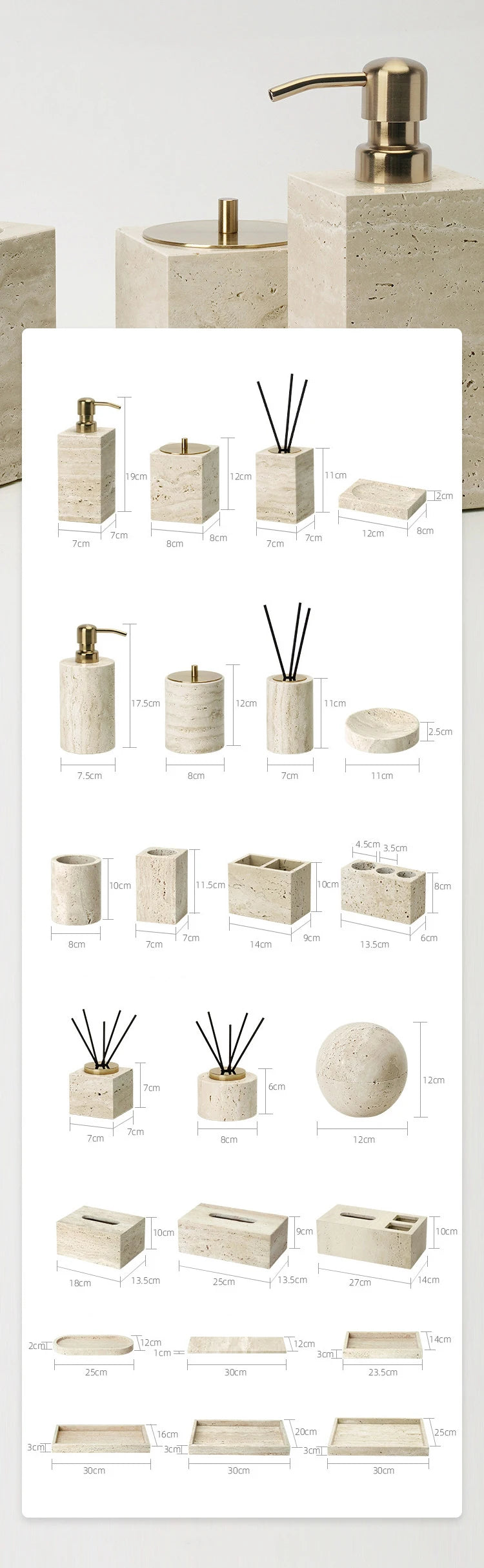 Travertine Bathroom Accessory Set — Soap, Tray & Tissue Box
