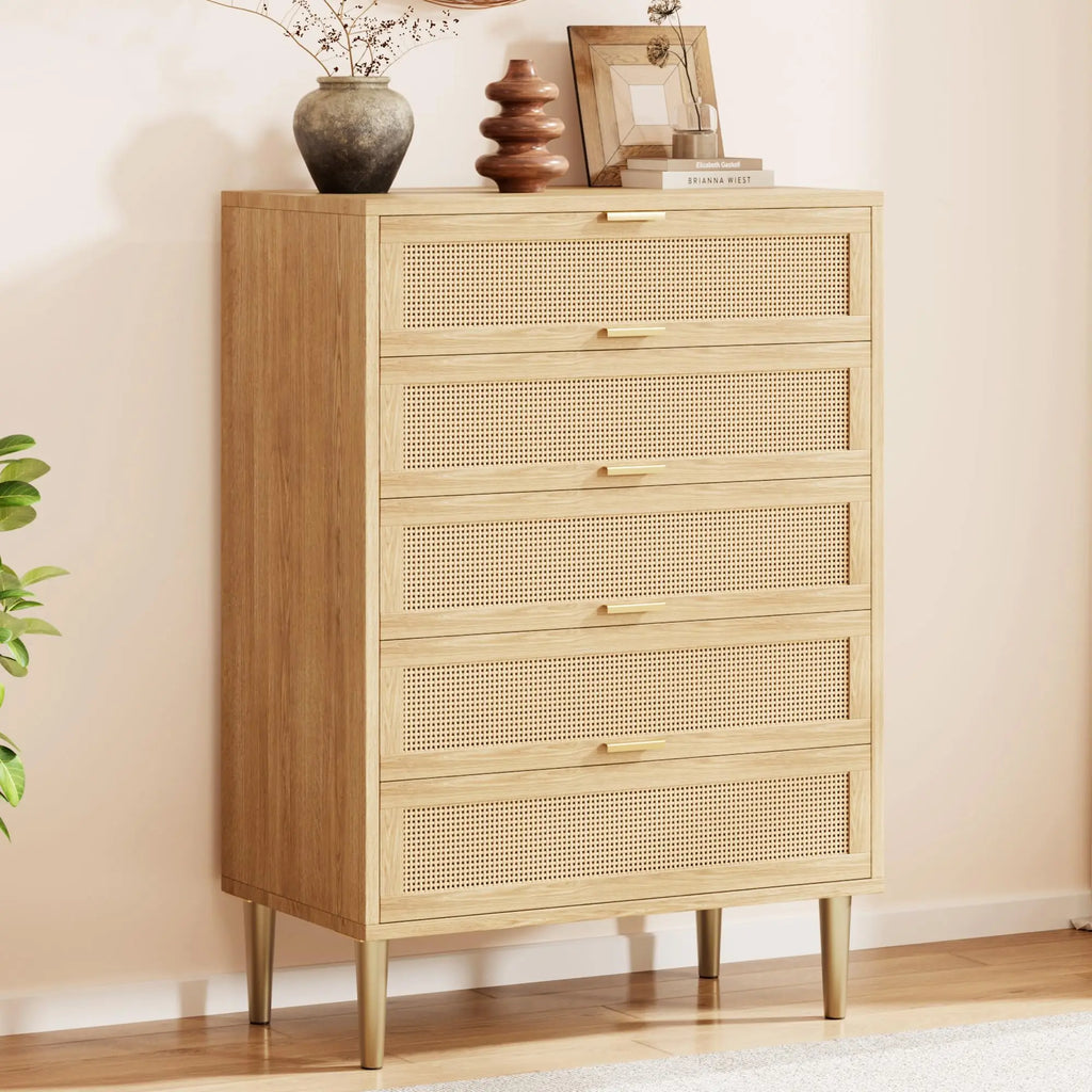 Modern Farmhouse Rattan 5-Drawer Dresser — Tall Narrow Chest