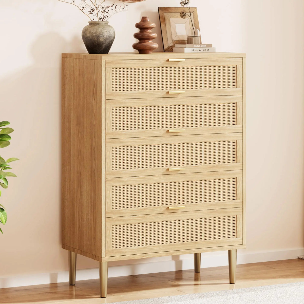 Modern Farmhouse Rattan 5-Drawer Dresser — Tall Narrow Chest
