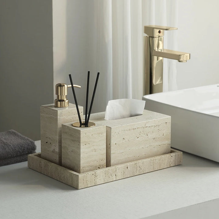 Travertine Bathroom Accessory Set — Soap, Tray & Tissue Box