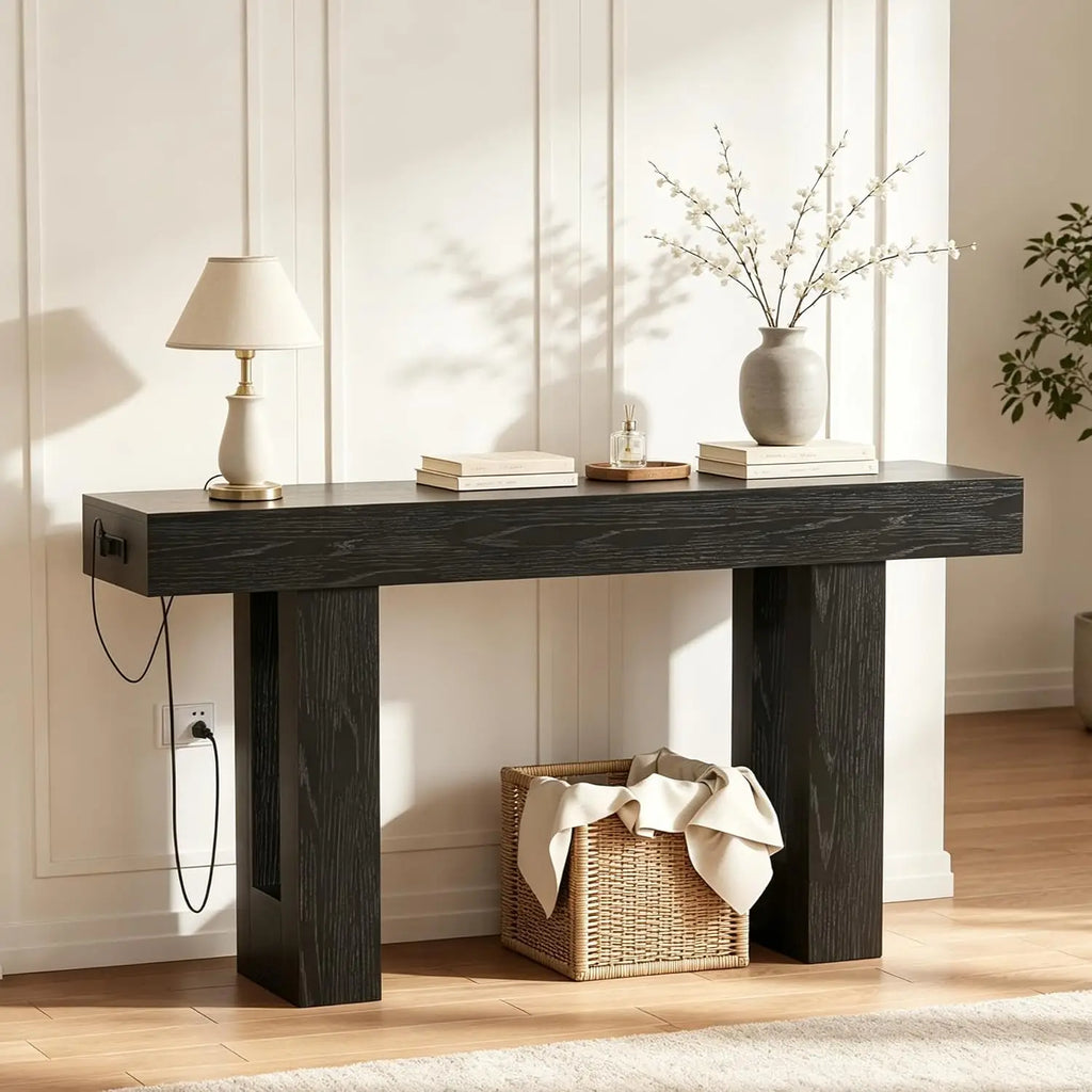 Console table with built-in power outlets in an entryway
