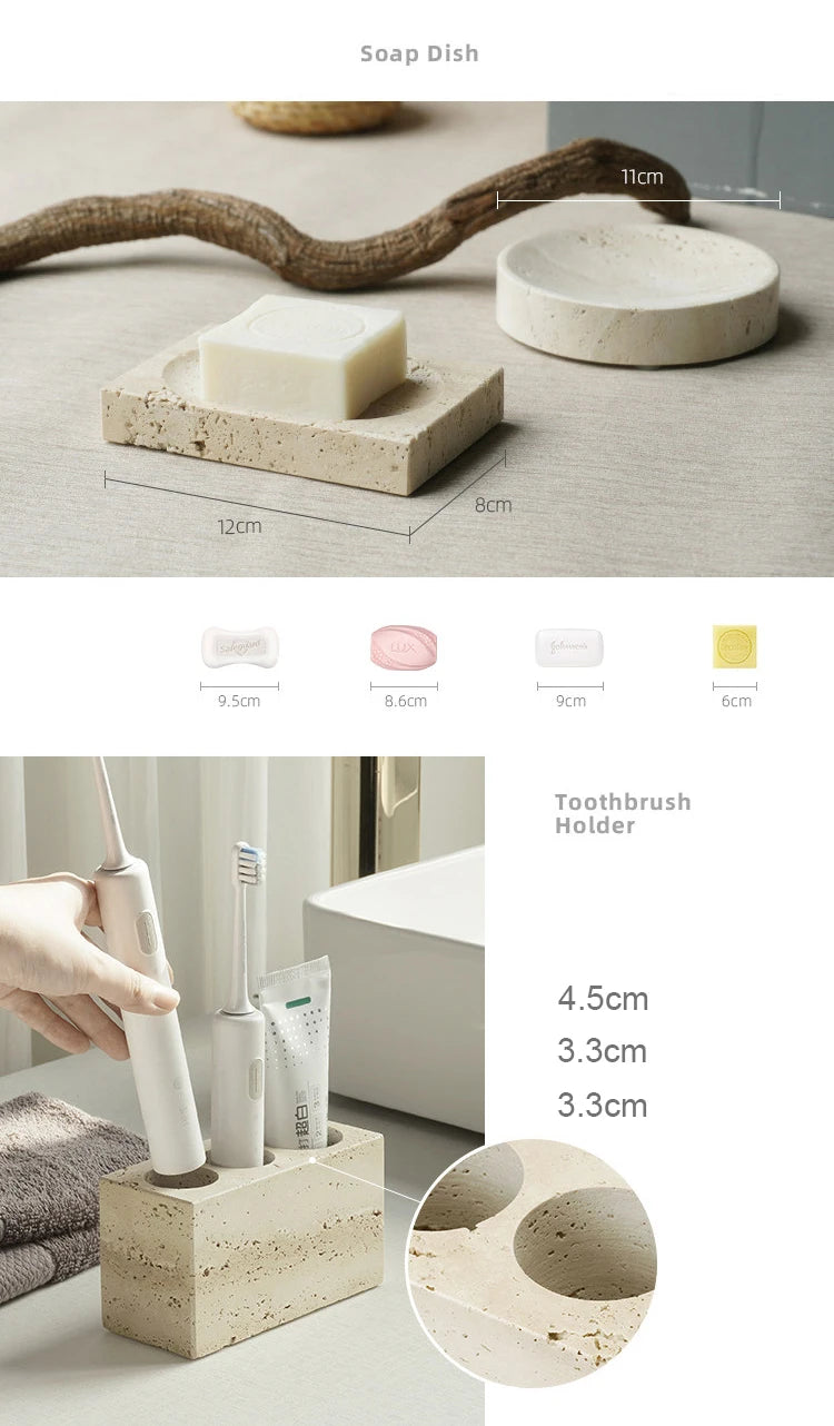 Travertine Bathroom Accessory Set — Soap, Tray & Tissue Box