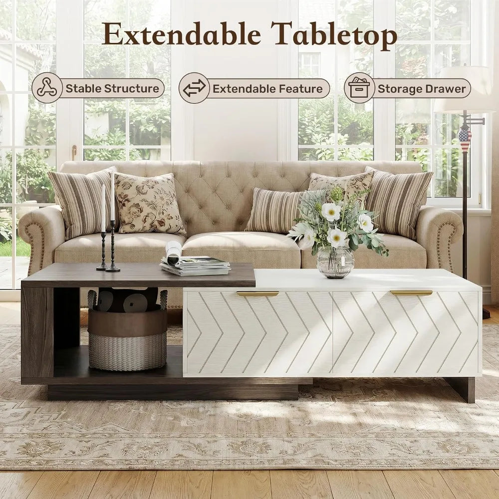 Extendable wood coffee table with storage drawers and open shelf