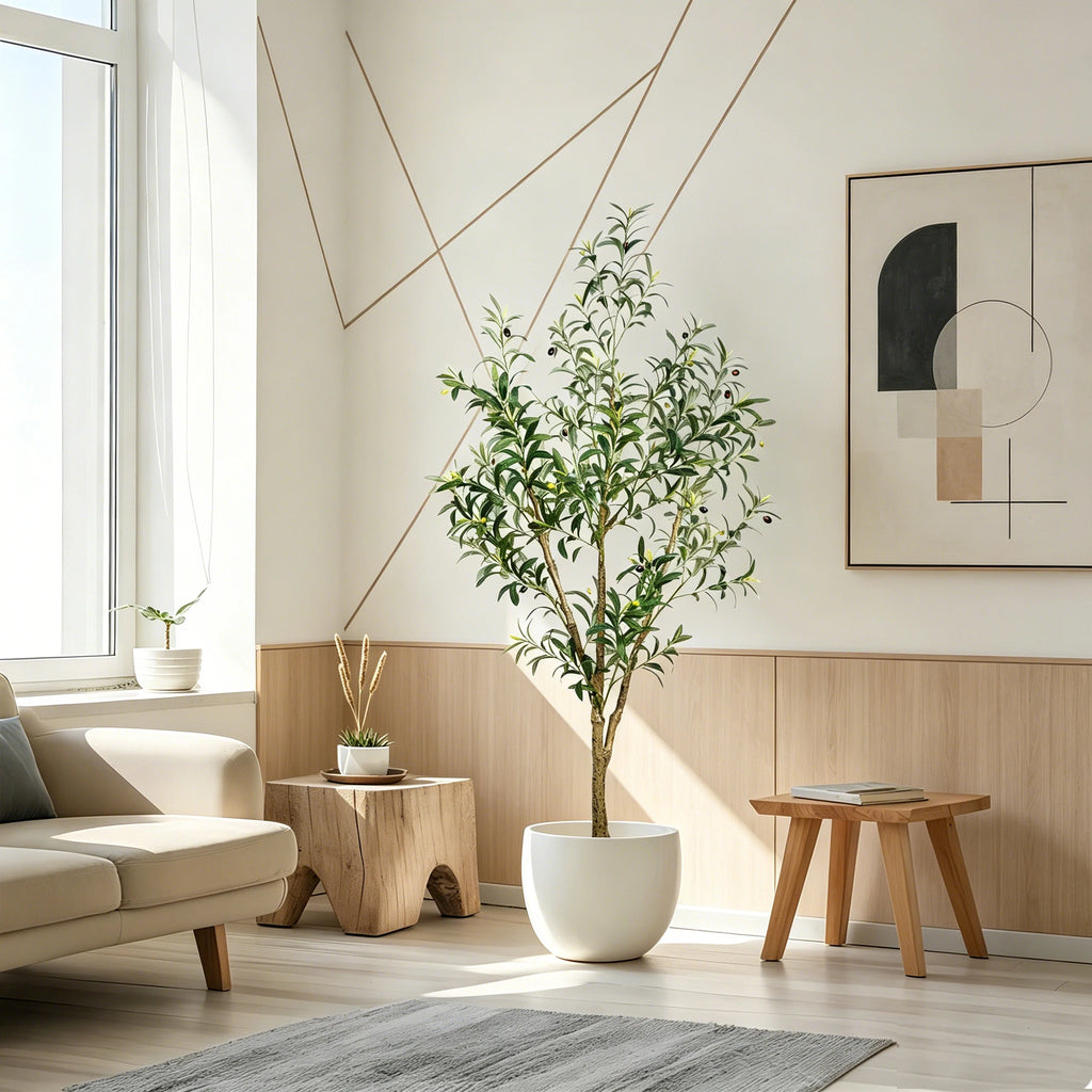 5/6/7/8 Olive Trees Artificial Indoor Faux Olive Tree with Black Pot Silk Fake Plant with Natural Wood Trunk and Lifelike Fruits for Home Office Decor — close-up detail