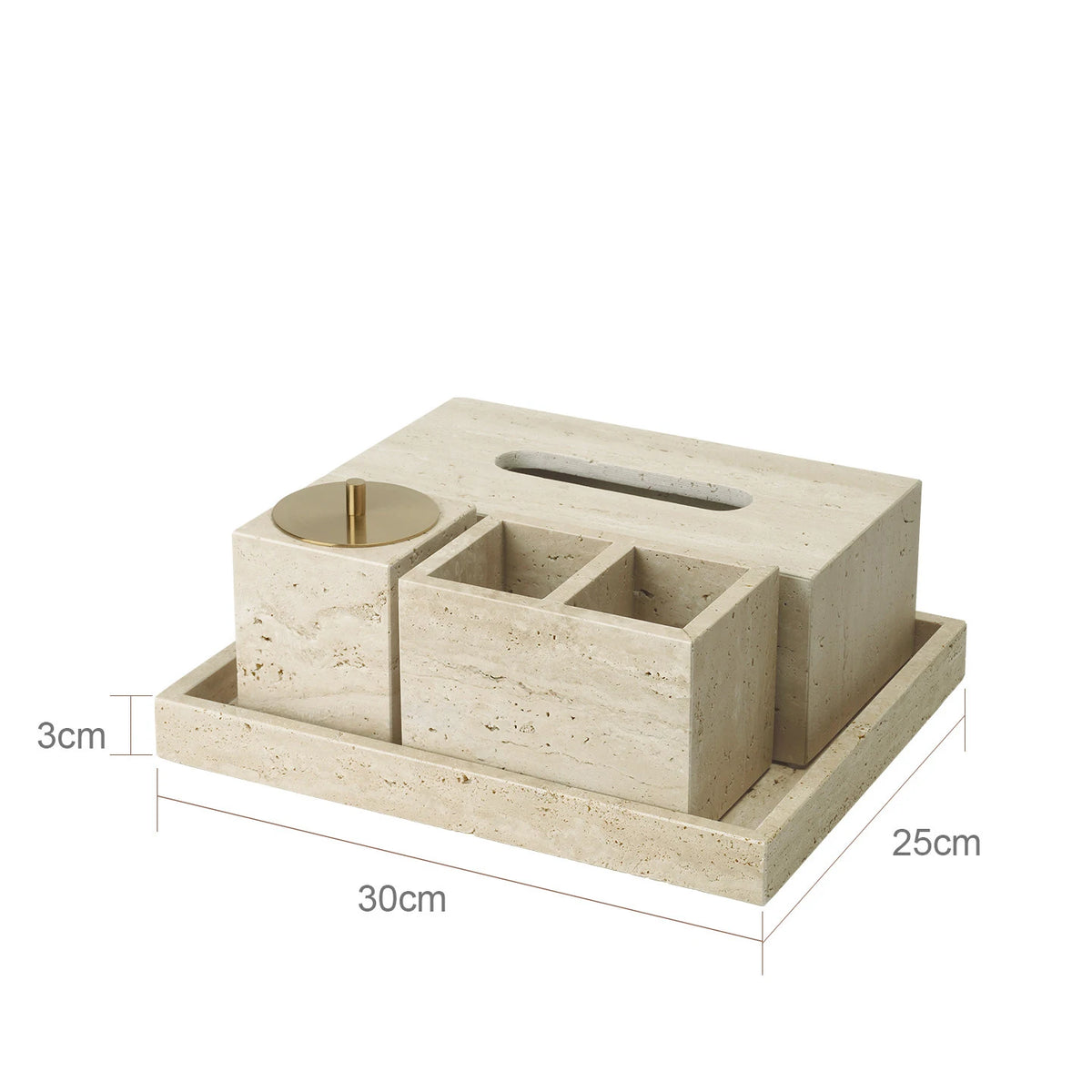Travertine Bathroom Accessory Set — Soap, Tray & Tissue Box