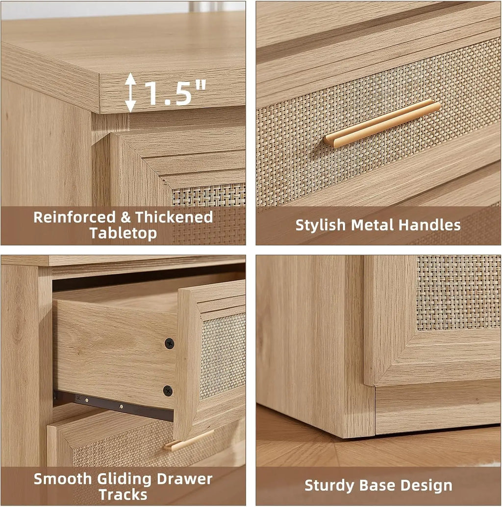 Rattan 5-Drawer Dresser — 45" Tall with Gold Handles