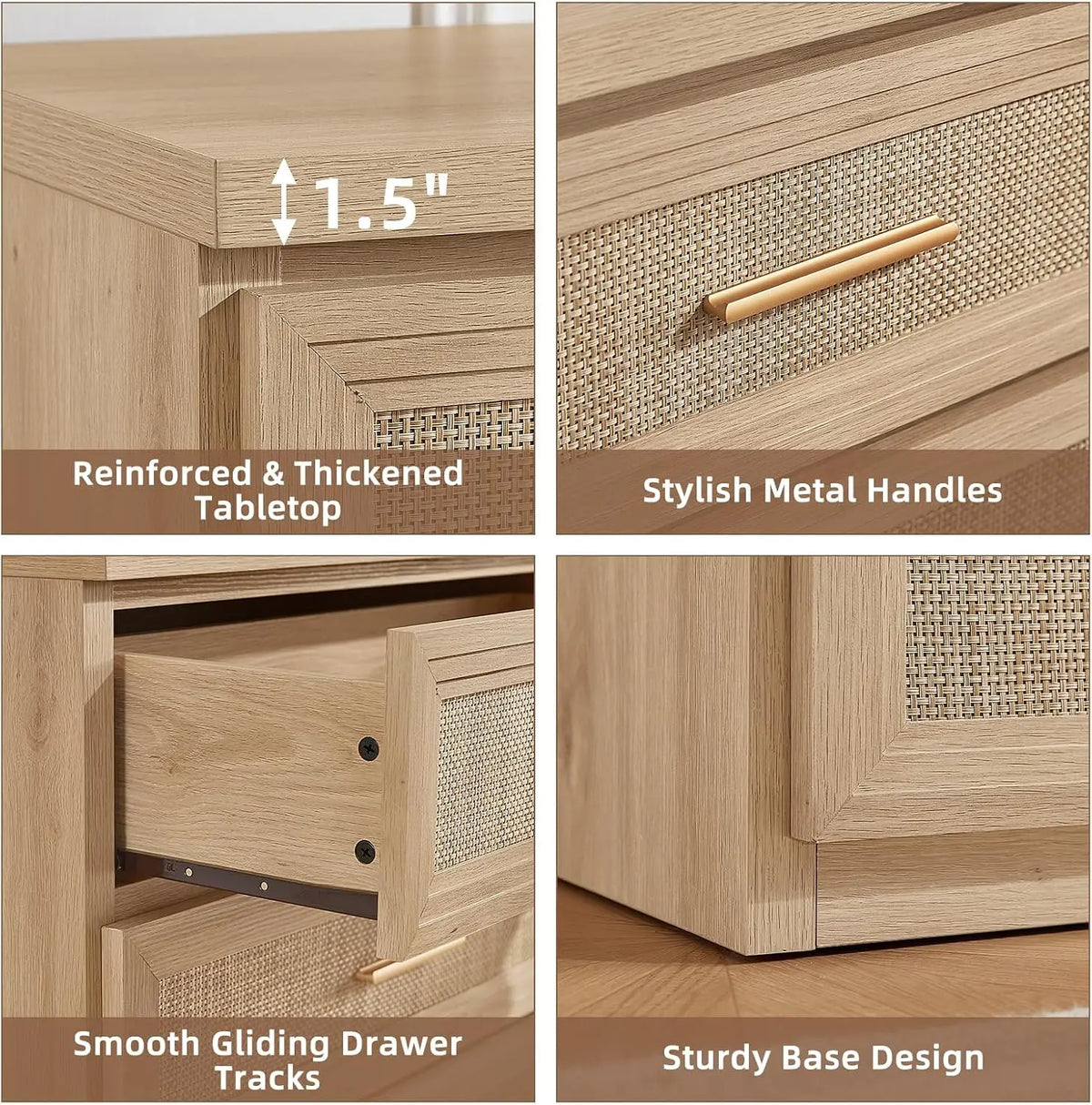 Rattan 5-Drawer Dresser — 45" Tall with Gold Handles
