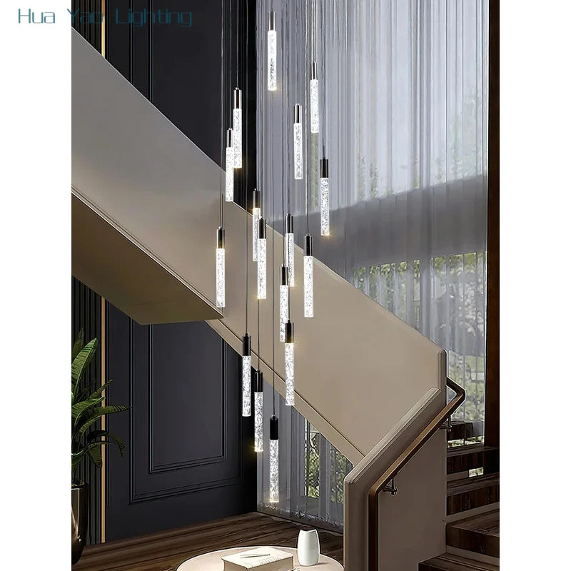 Minimalist cylindrical crystal staircase chandelier