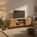 70" Fluted TV Stand — Faux Marble Top, Natural Oak