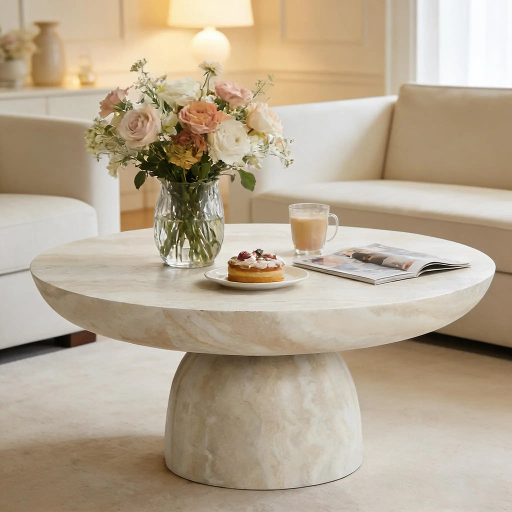 Faux marble round drum coffee table — front angle