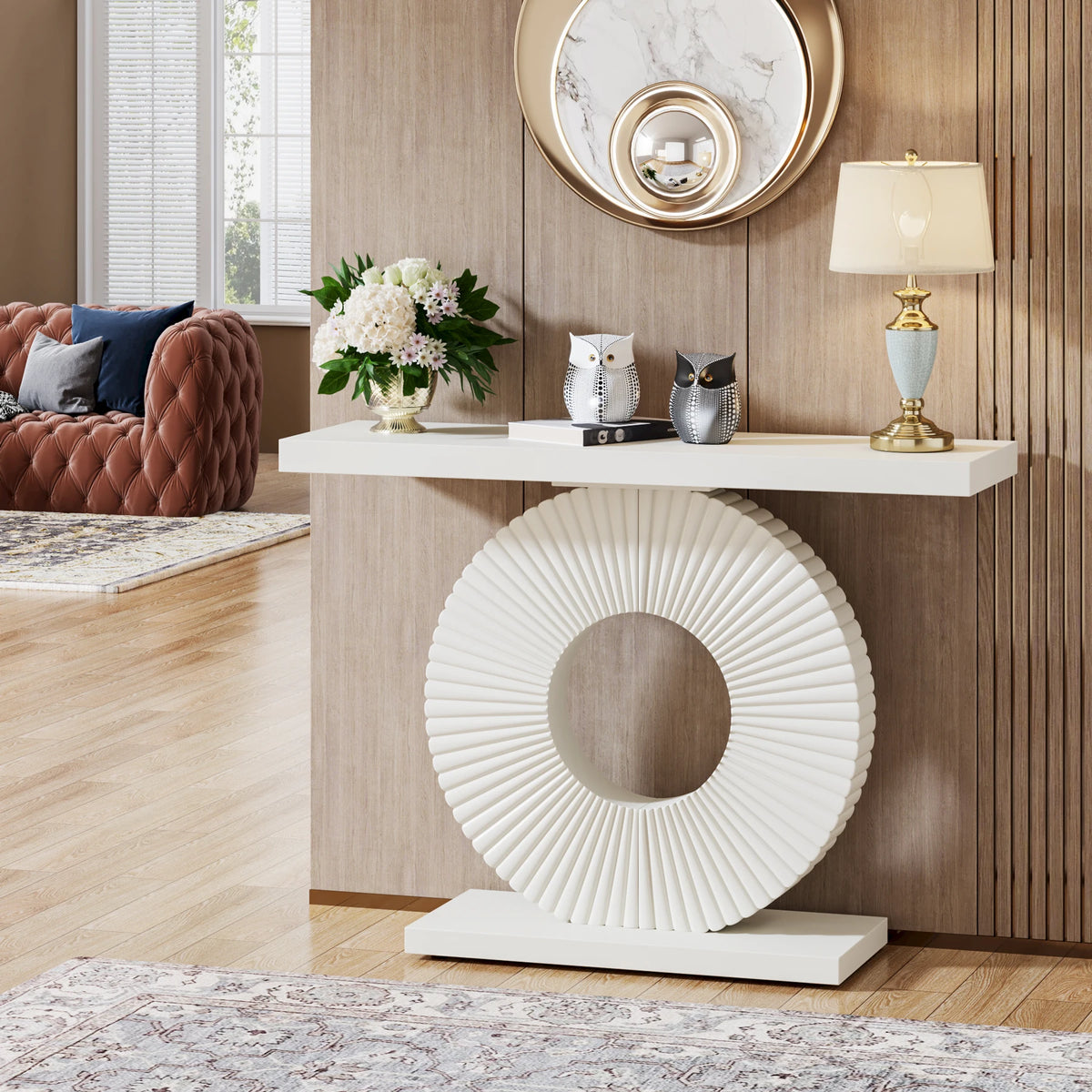 Wood console table with geometric base — alternate product view