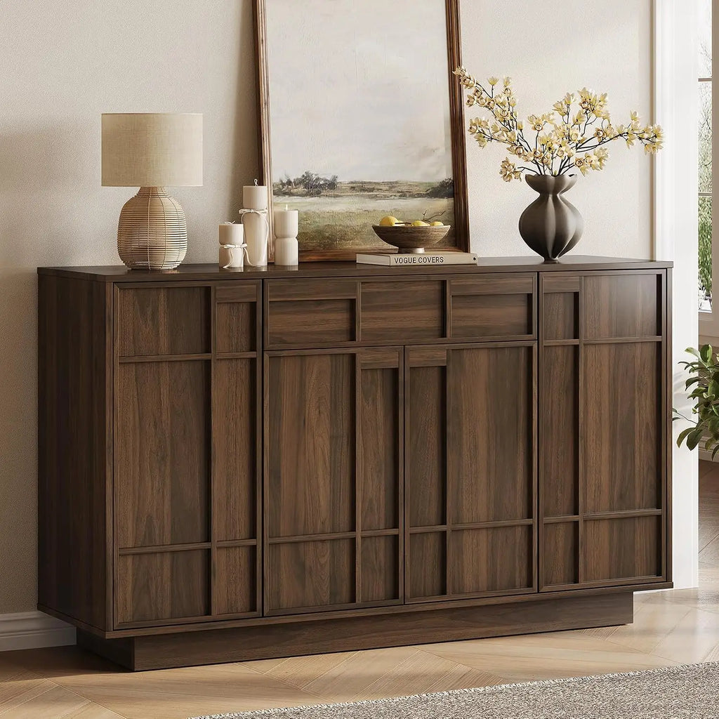 ONBRILL 55" Walnut Sideboard Buffet Cabinet with LED Lights