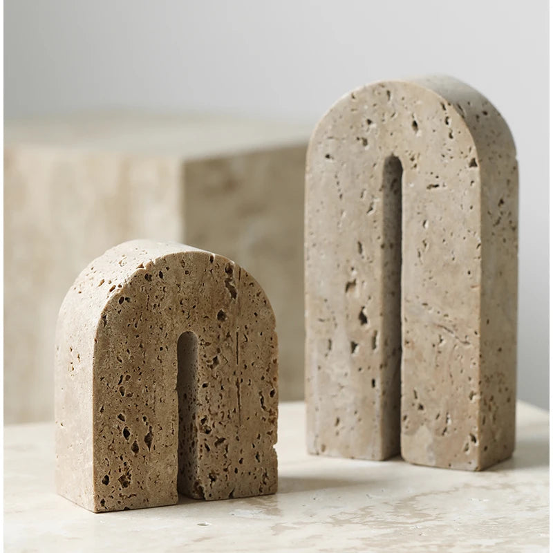 Beige Travertine Bookends — Handcrafted Stone Pair