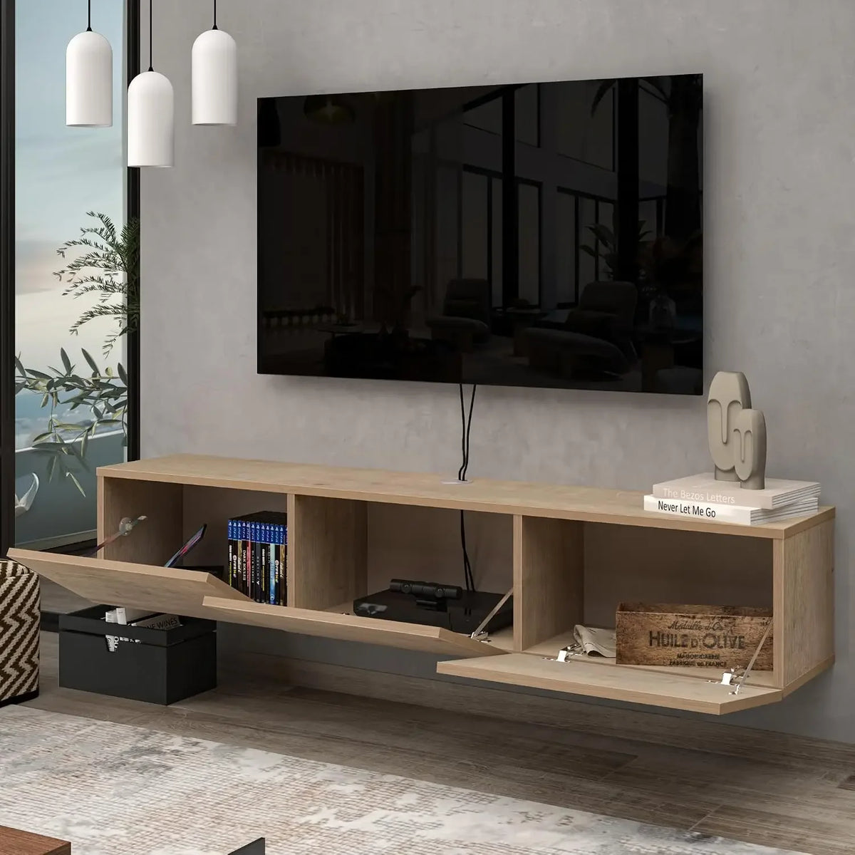 63" Floating TV Stand — Wall Mounted for 65"-80" TVs, Oak