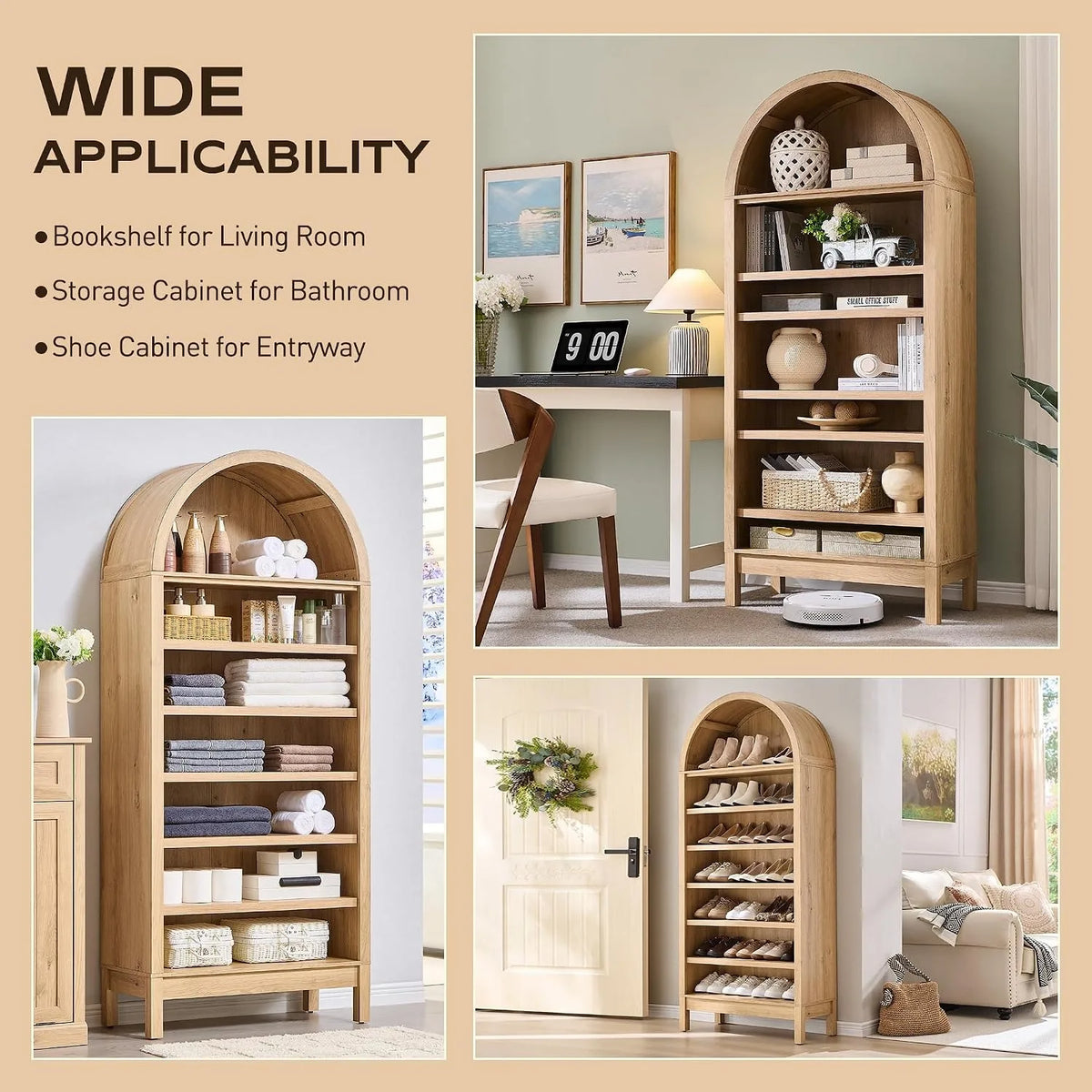 71" Tall Arched Bookshelf — 7-Tier Bookcase
