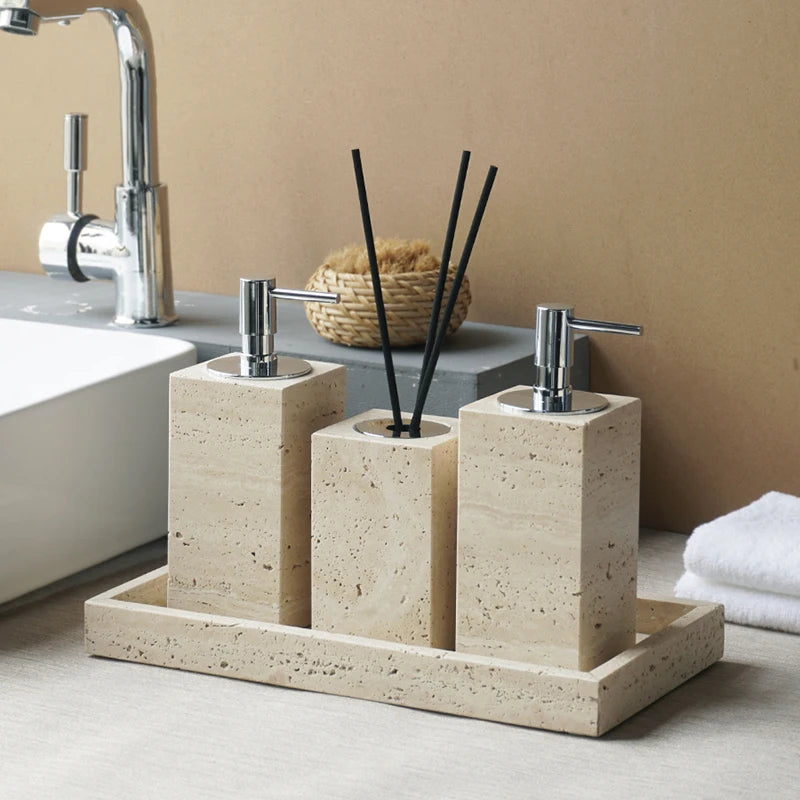 Travertine Bathroom Accessory Set — Vanity Tray & Diffuser, 9-Piece