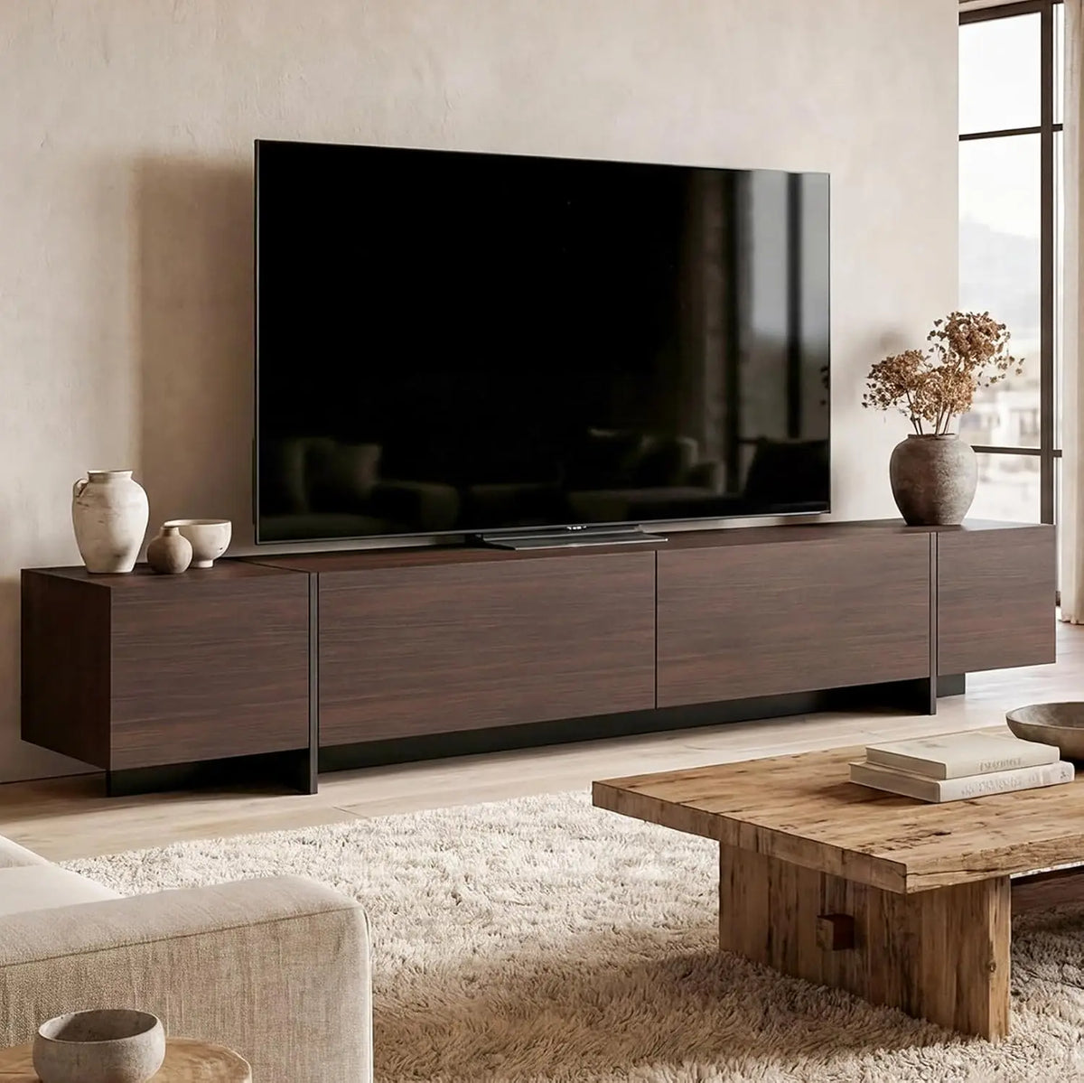 Modern TV stand with flip-down drawers — main product view