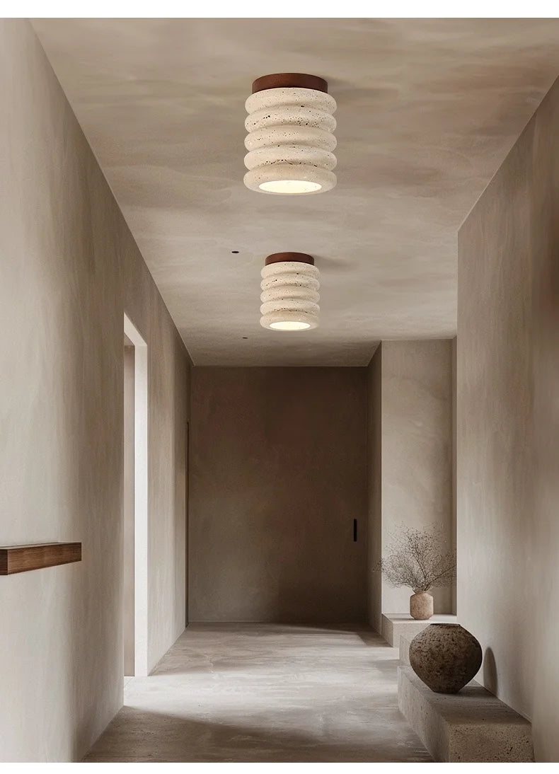 Wabi-Sabi Travertine Ceiling Lamp — Natural Stone & Wood Fixture