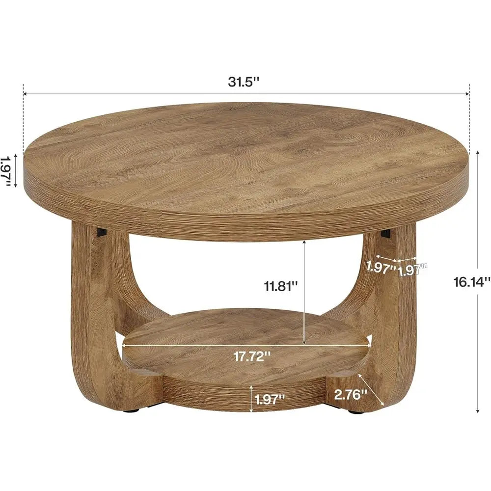 Two-tier round wooden coffee table with storage