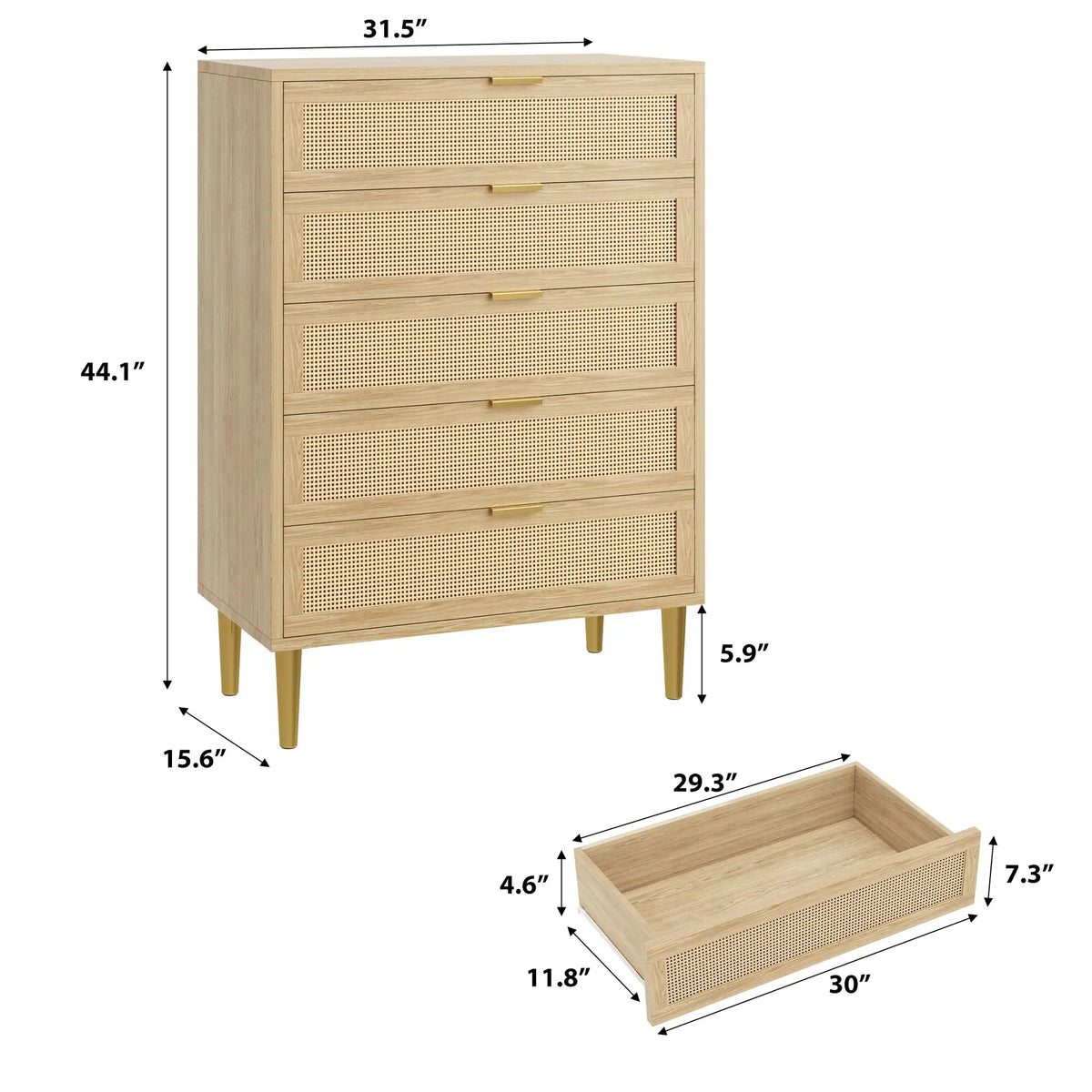 Modern Farmhouse Rattan 5-Drawer Dresser — Tall Narrow Chest