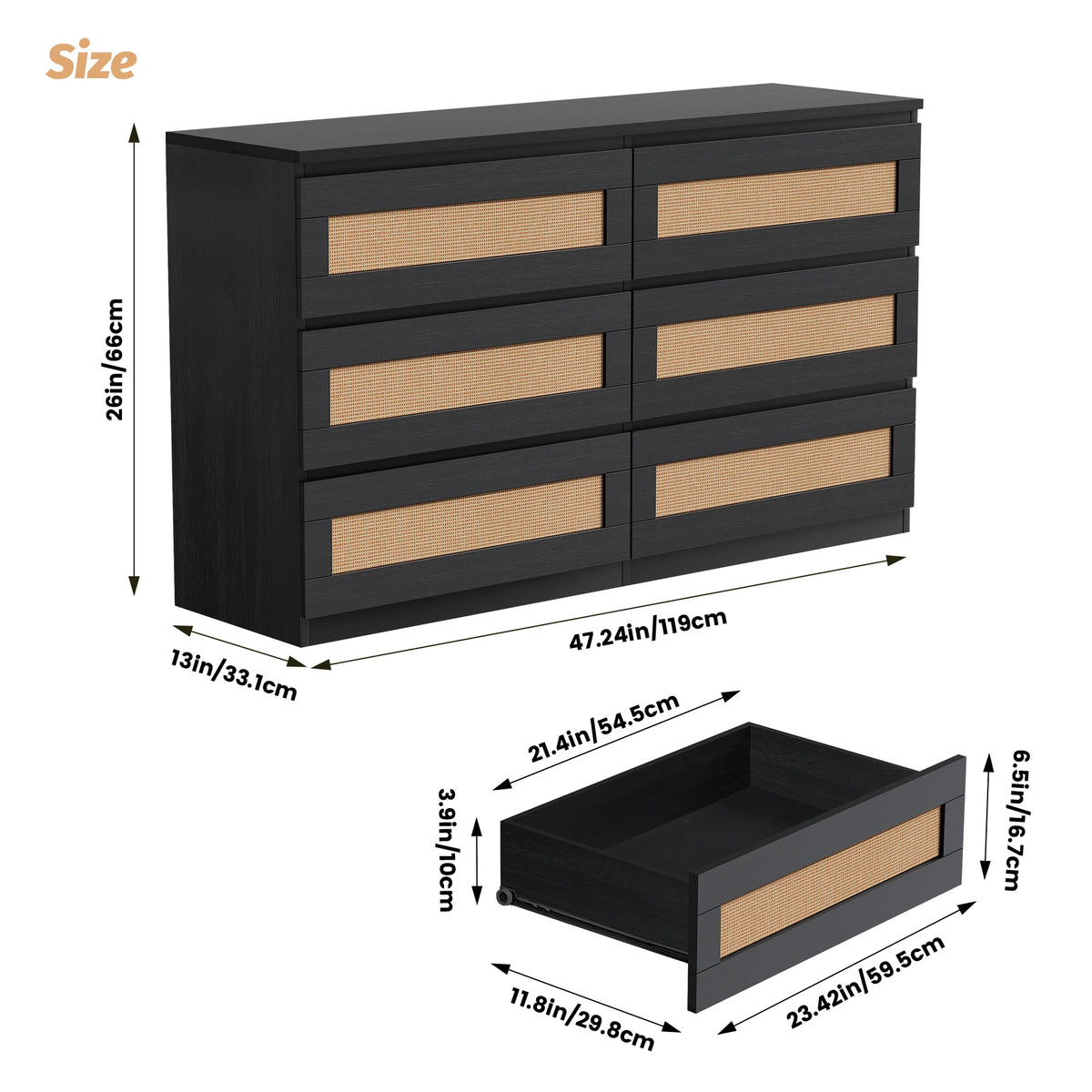Rattan 6-Drawer Dresser — 47" Slim Bedroom Chest