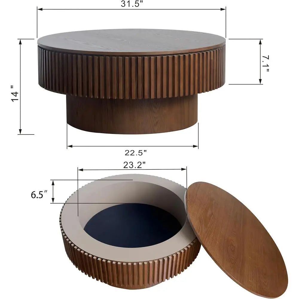 Round drum coffee table with solid wood veneer and hidden storage