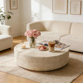 Faux marble round drum coffee table — side detail view