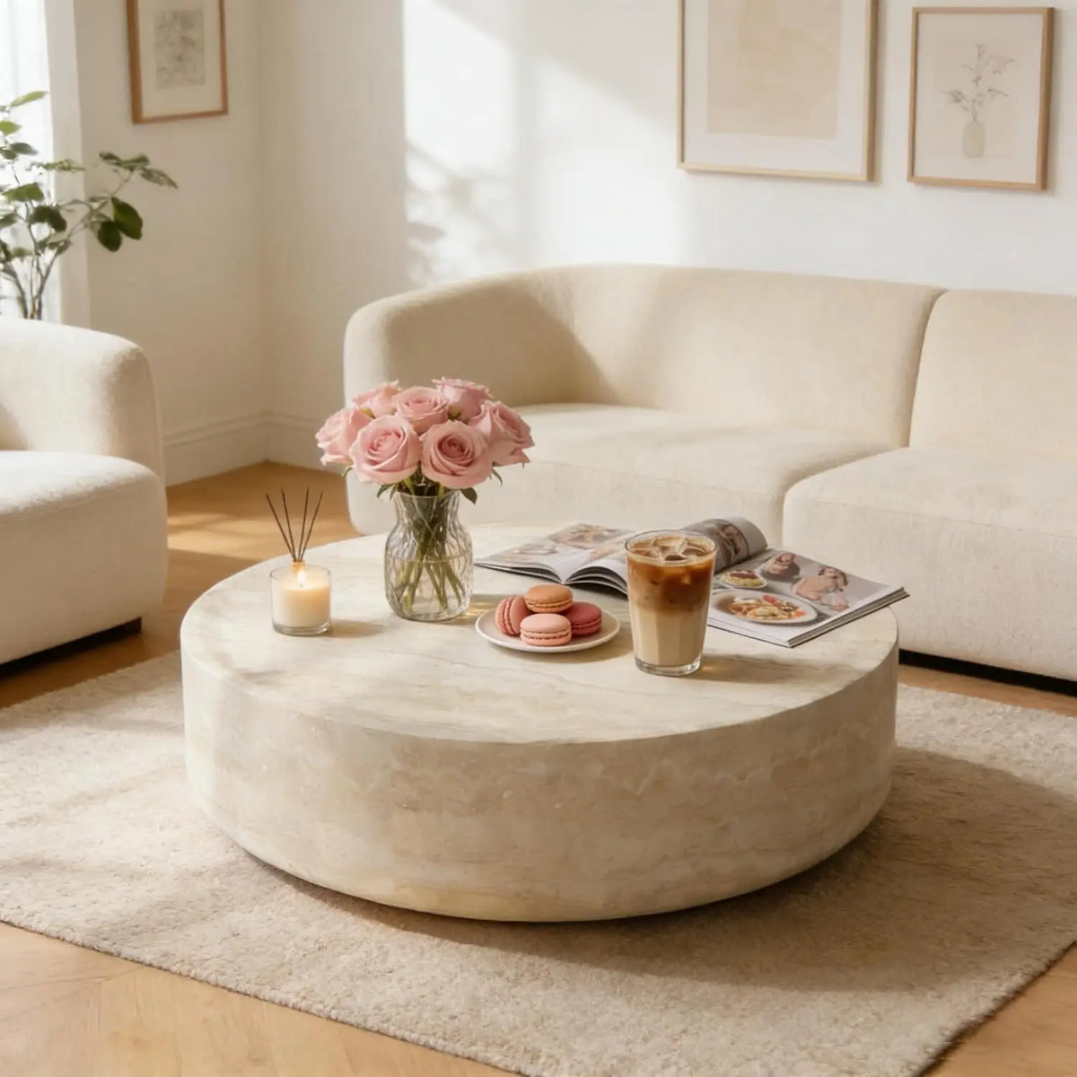 Faux marble round drum coffee table — side detail view