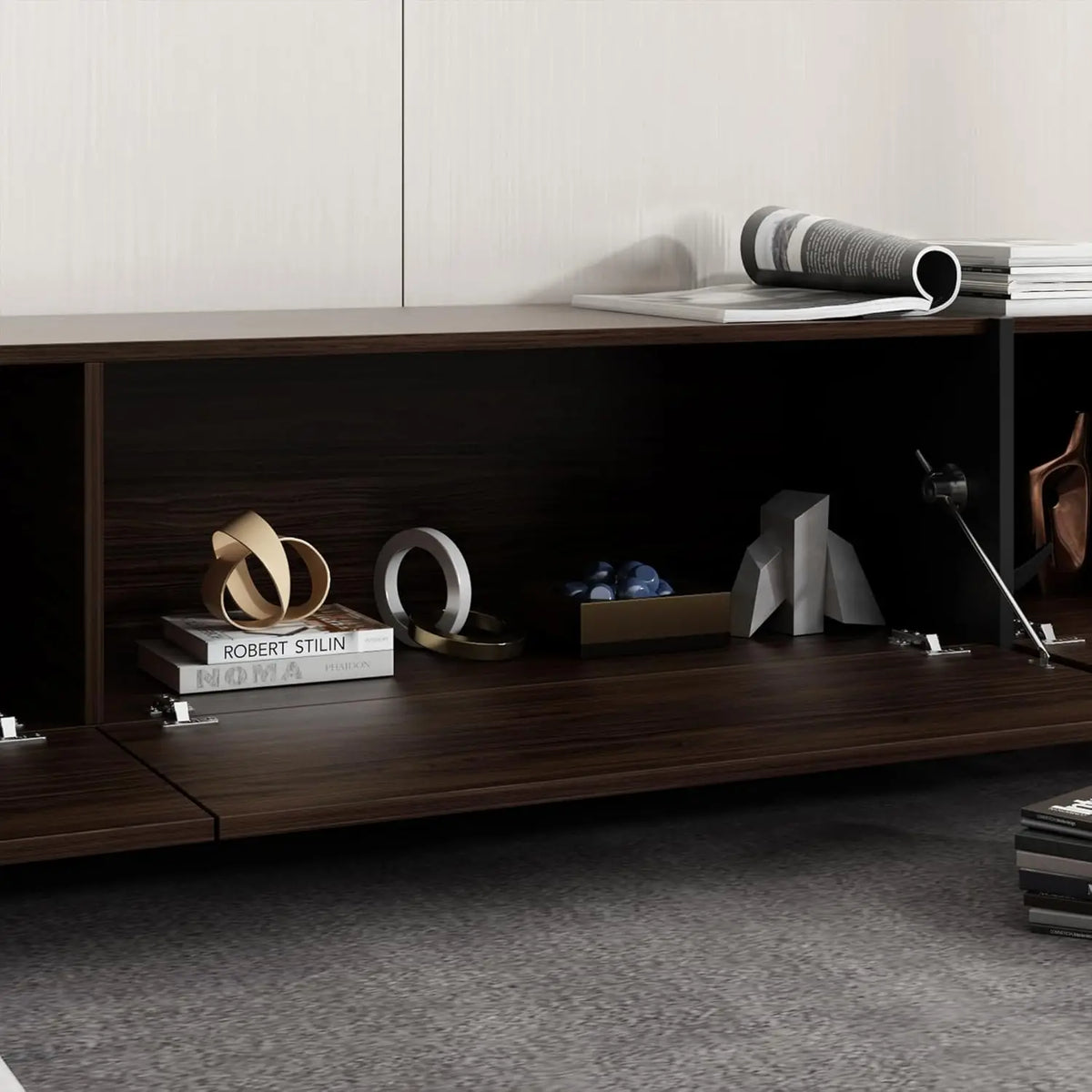 Modern TV stand with flip-down drawers — finish detail