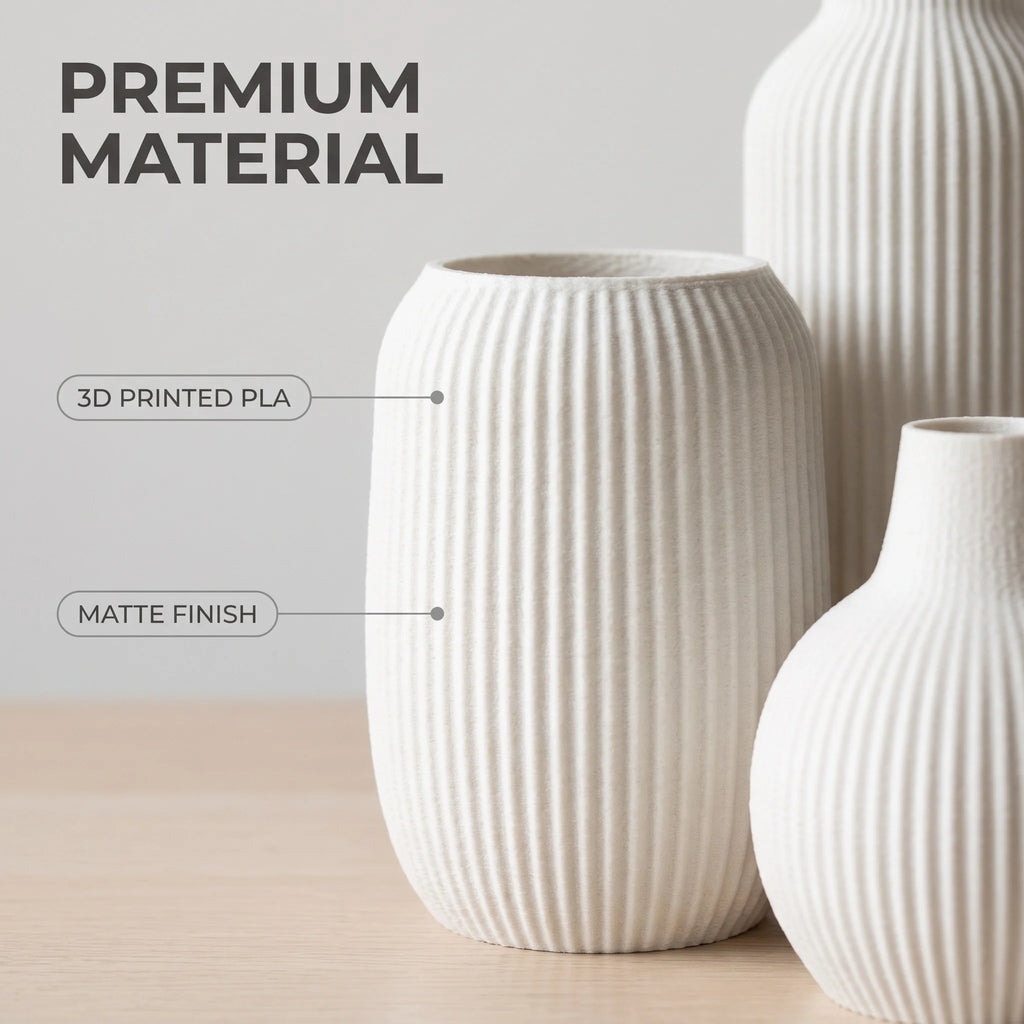 Vertical-Striped Embossed 3-Piece Vase Set — Matte PLA