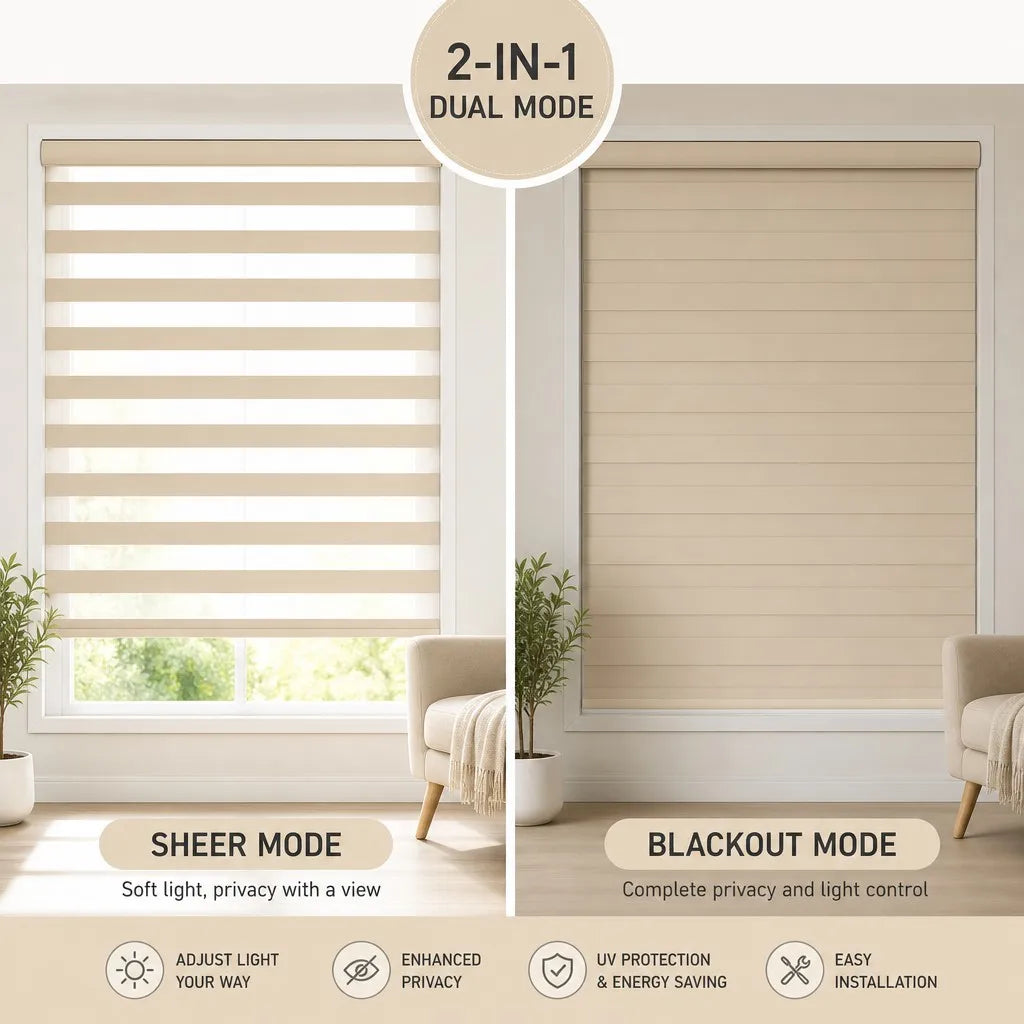 Zebra Blind Day Night Dual Sheer Blackout Roller Shade Window Treatment Custom Size Living Room Bedroom Waterproof UV Resistant — detail view