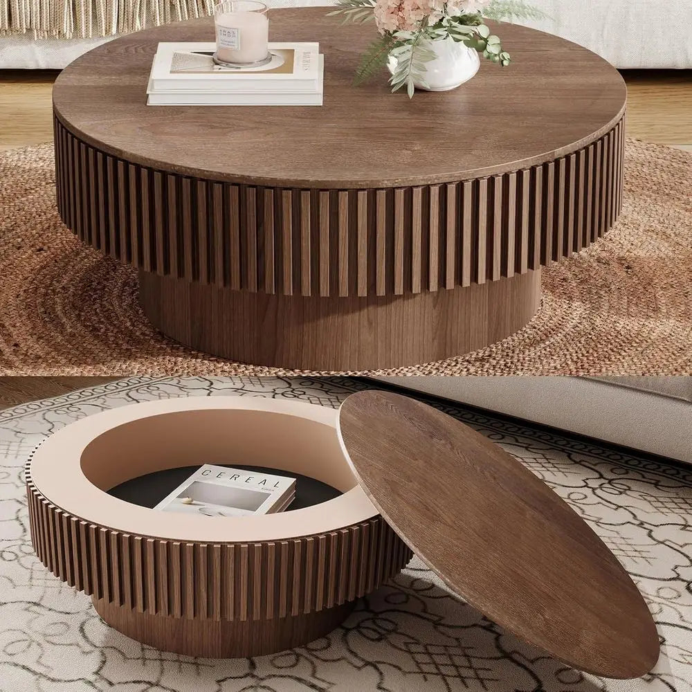 Round drum coffee table with solid wood veneer and hidden storage