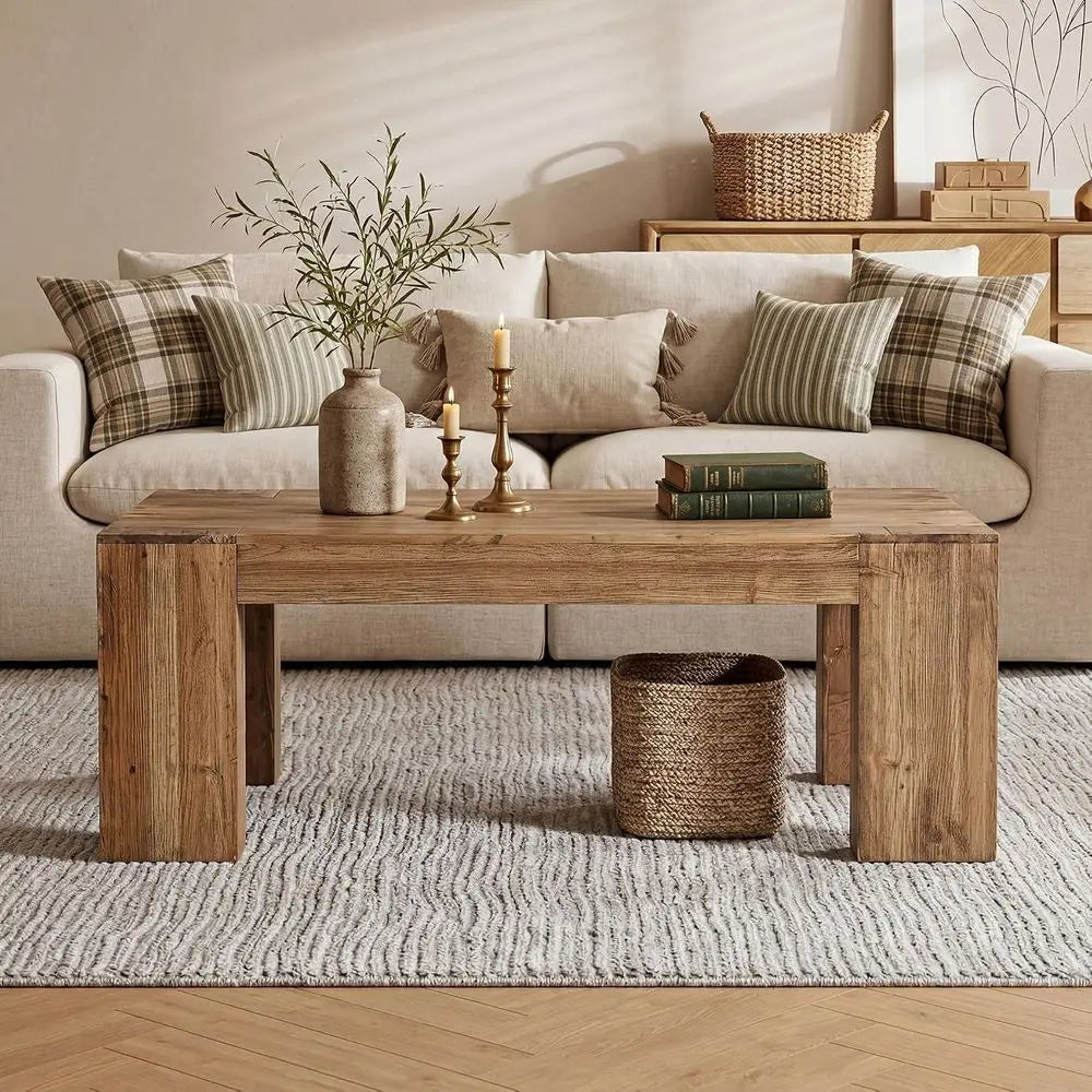 Sturdy wooden coffee table with thick legs in brown finish