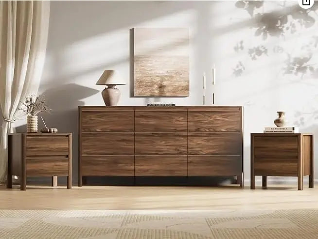 Walnut three-piece dresser and nightstand bedroom set