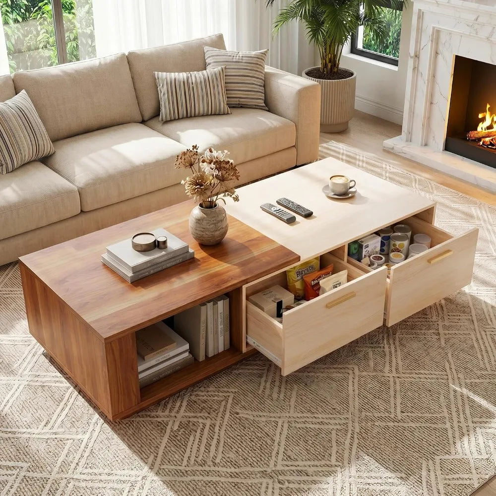 Extendable two-tone coffee table with sliding top and drawers