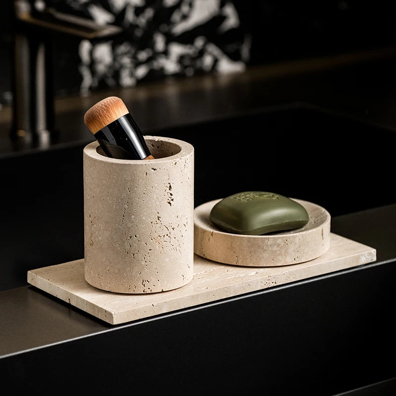 Beige Travertine Bathroom Accessory Set — 9-Piece