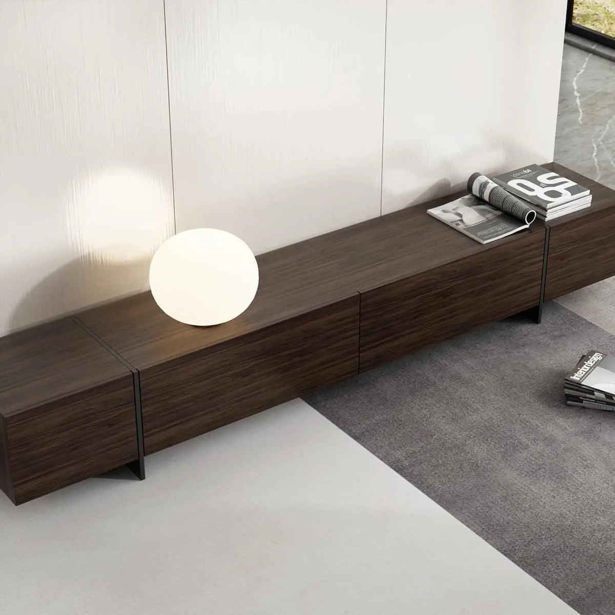 Modern TV stand with flip-down drawers — close-up design detail