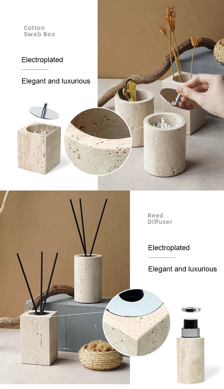 Travertine Bathroom Accessory Set — Vanity Tray & Diffuser, 9-Piece