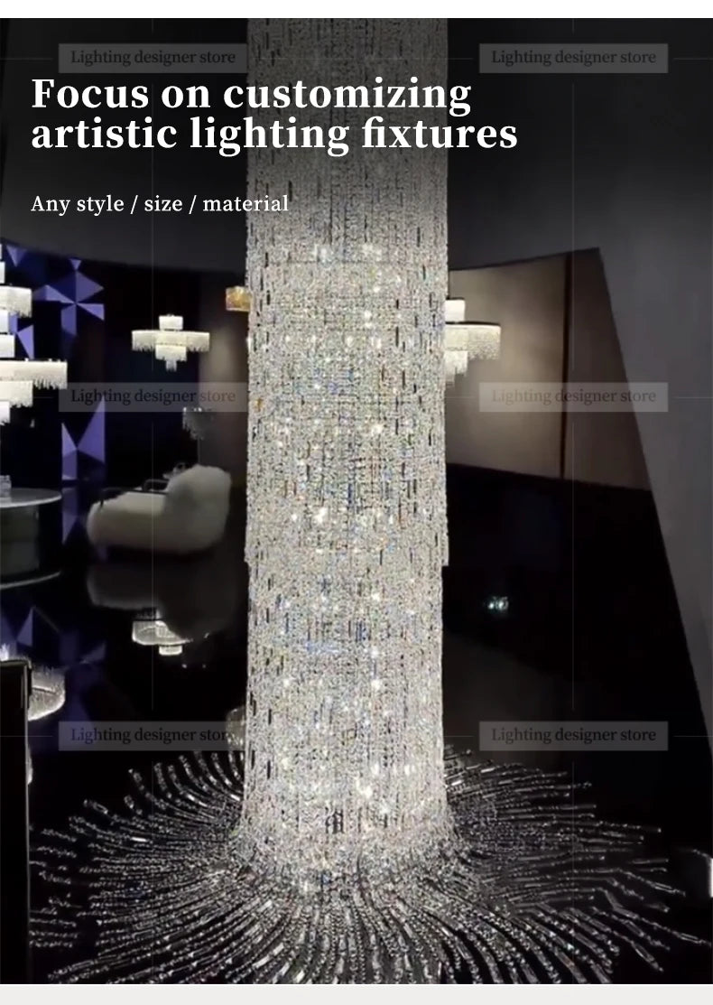 Crystal spiral staircase chandelier with long drop for high ceilings