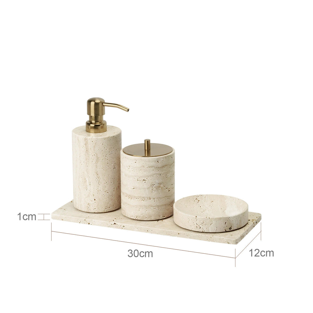 Travertine Bathroom Accessory Set — Soap, Tray & Tissue Box