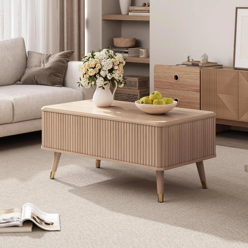 Lift-top fluted coffee table with hidden storage compartments