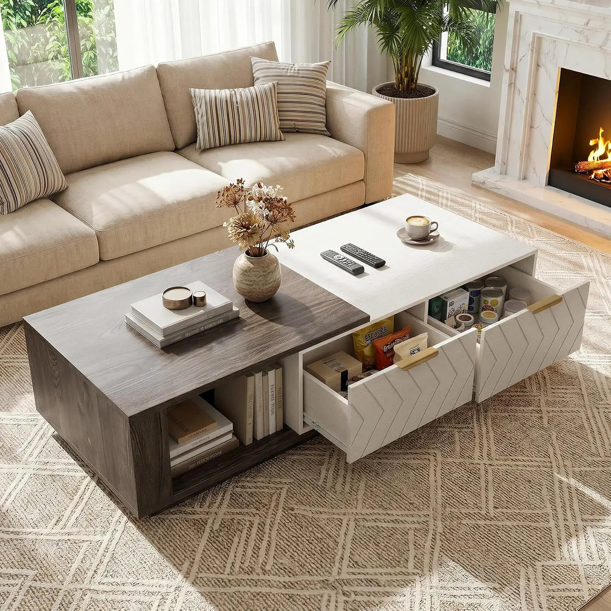 Extendable wood coffee table with storage drawers and open shelf