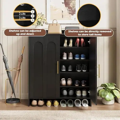 38" Tall Shoe Storage Cabinet with Arched Doors — Gold Handles