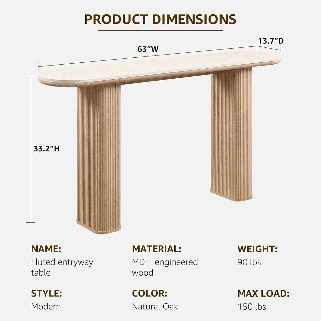 Fluted narrow console table for entryway in wood finish