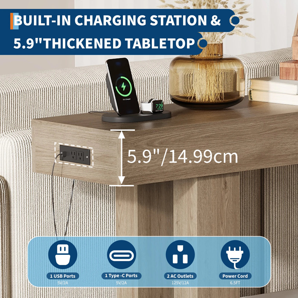 Farmhouse console table with built-in power outlet